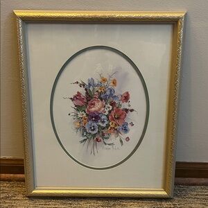 vintage framed Barbara Mock watercolor print- Flower Bouquet w/blue green ribbon